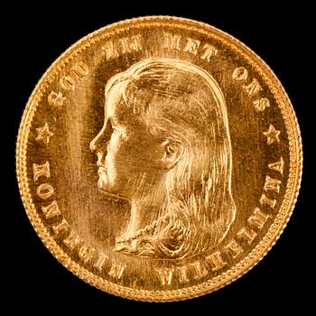 GULDMYNT, 10 gulden, Königin Wilhelmina, Nederländerna, 1897. Vikt ca 7 g.