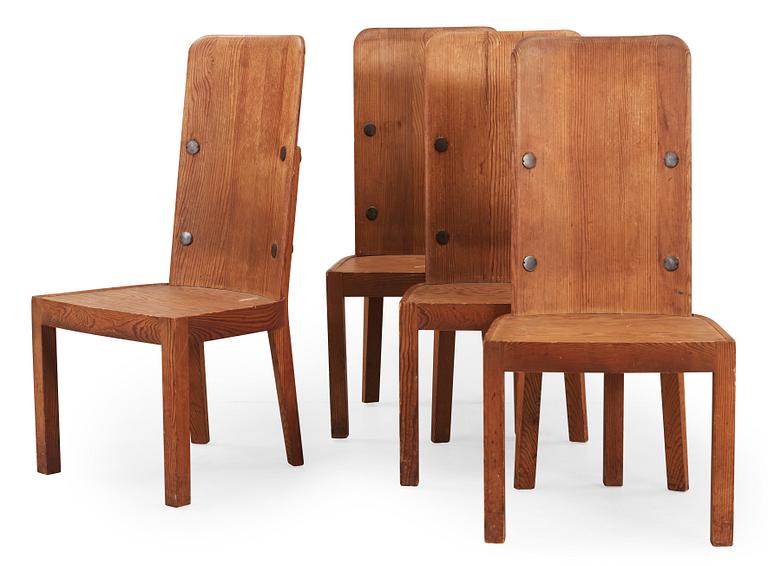 A set of four Axel Einar Hjorth 'Lovö' stained pine chairs, Nordiska Kompaniet, 1930's.