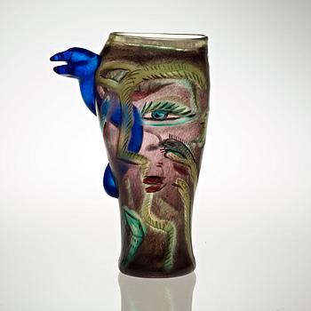 AN Ulrica Hydman-Vallien painted glass vase, Kosta Boda 1988.