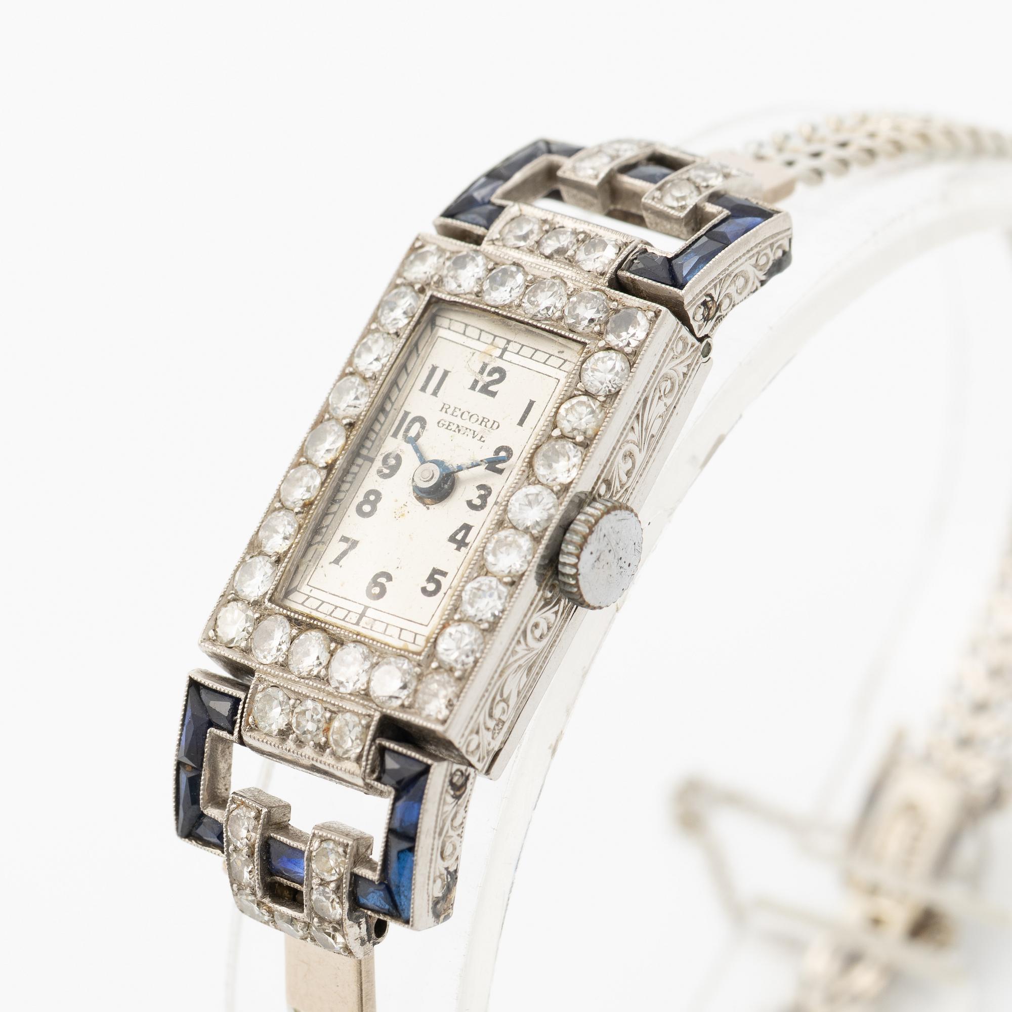 Ladies’ wristwatch in platinum and 18K white gold with old-cut diamonds and sapphires, Art Deco.