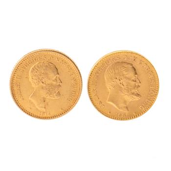 Guldmynt 2 st 10 kronor Oscar II 1874 och 1901.