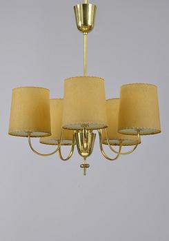 Paavo Tynell, PAAVO TYNELL (FINLAND), A FIVE-LIGHT CEILING LAMP, brass and frosted opal glass, shades in parchment imitation.