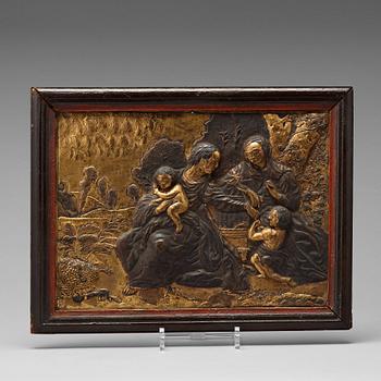 654. A baroque gilt copper alloy relief of Mary, Elisabeth, Jesus and John in a landscape, probably India, 17th Century.