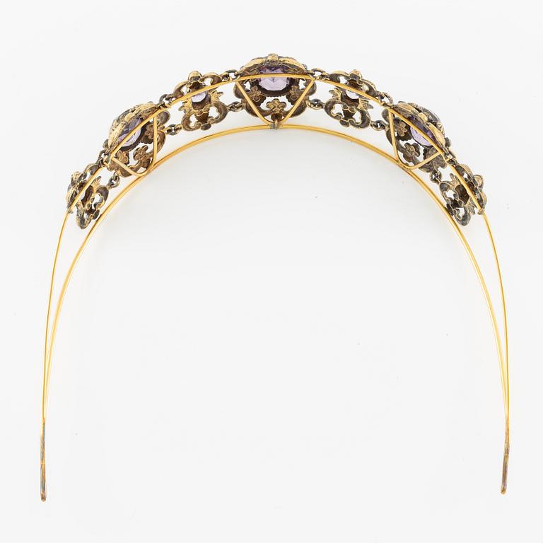 Tiara, gilded metal with faceted amethysts.
