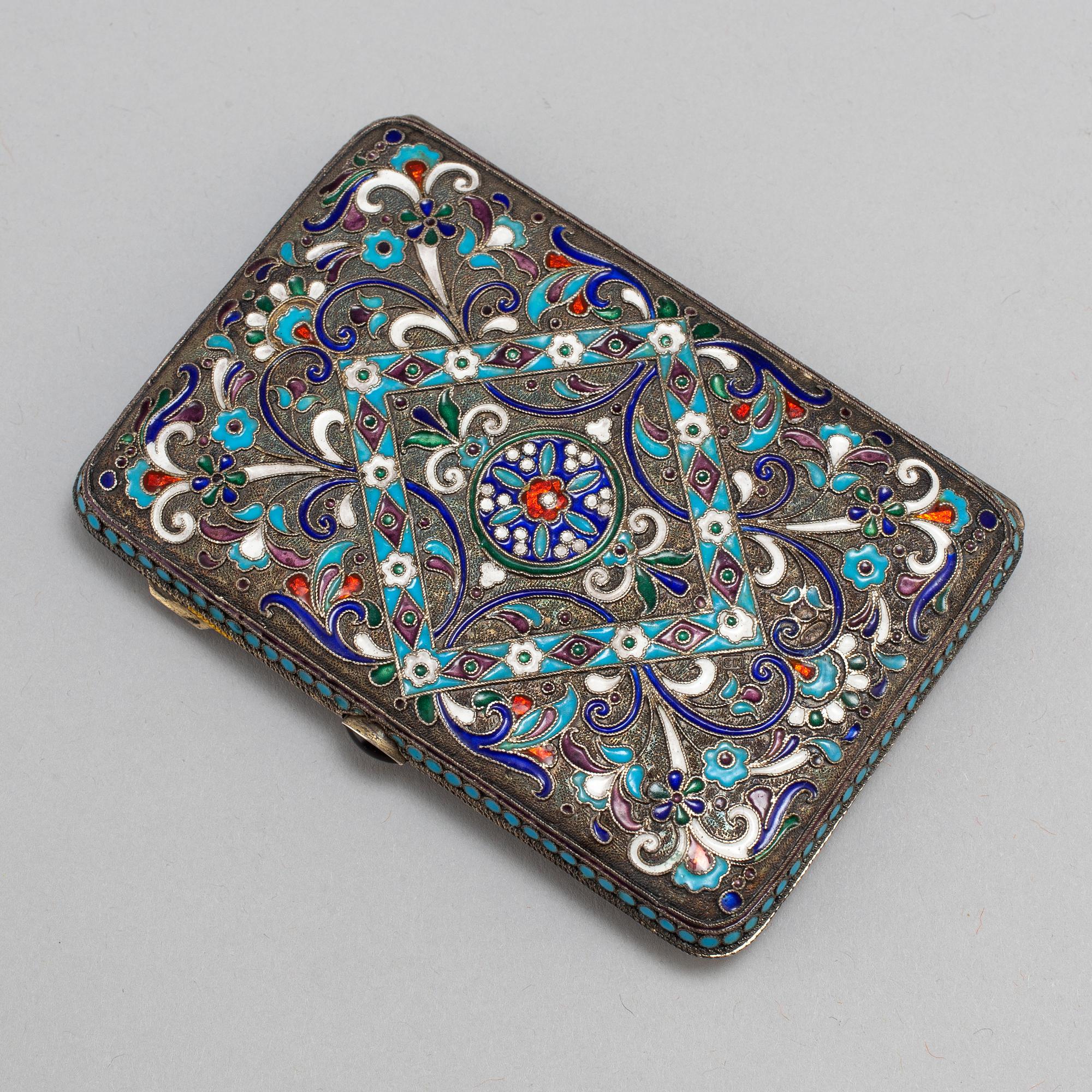 A Russian 20th century silver and cloisonne enamel cigarette case, mark of Mikhail Zoirn, Moscow 1908-1917.