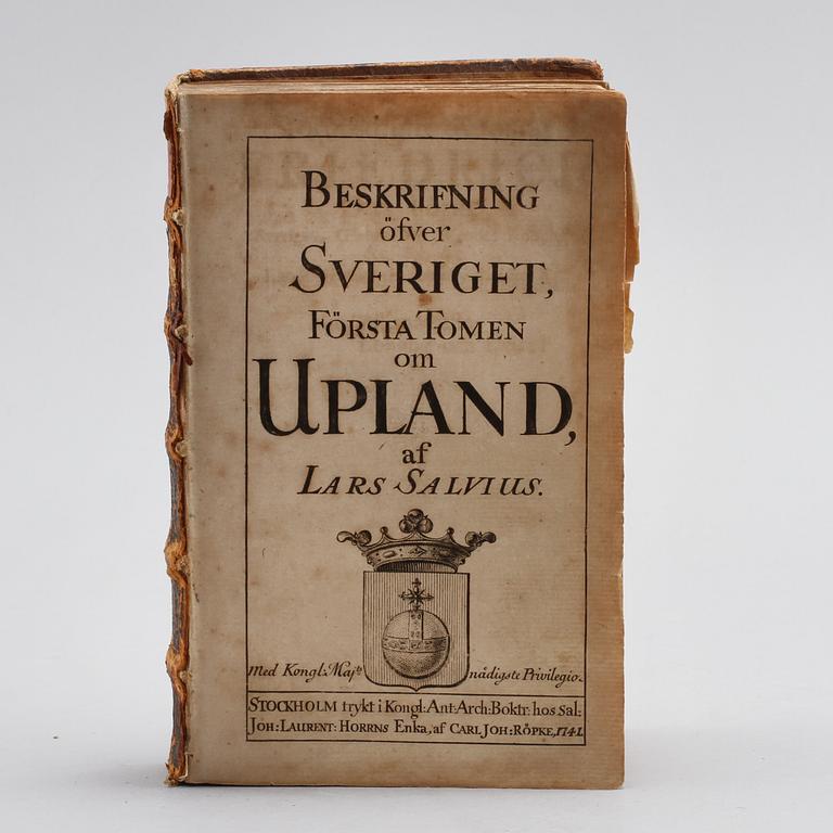 BOK, "Beskrifning öfver Sveriget, första tomen om Uppland", Lars Salvius, 1741.