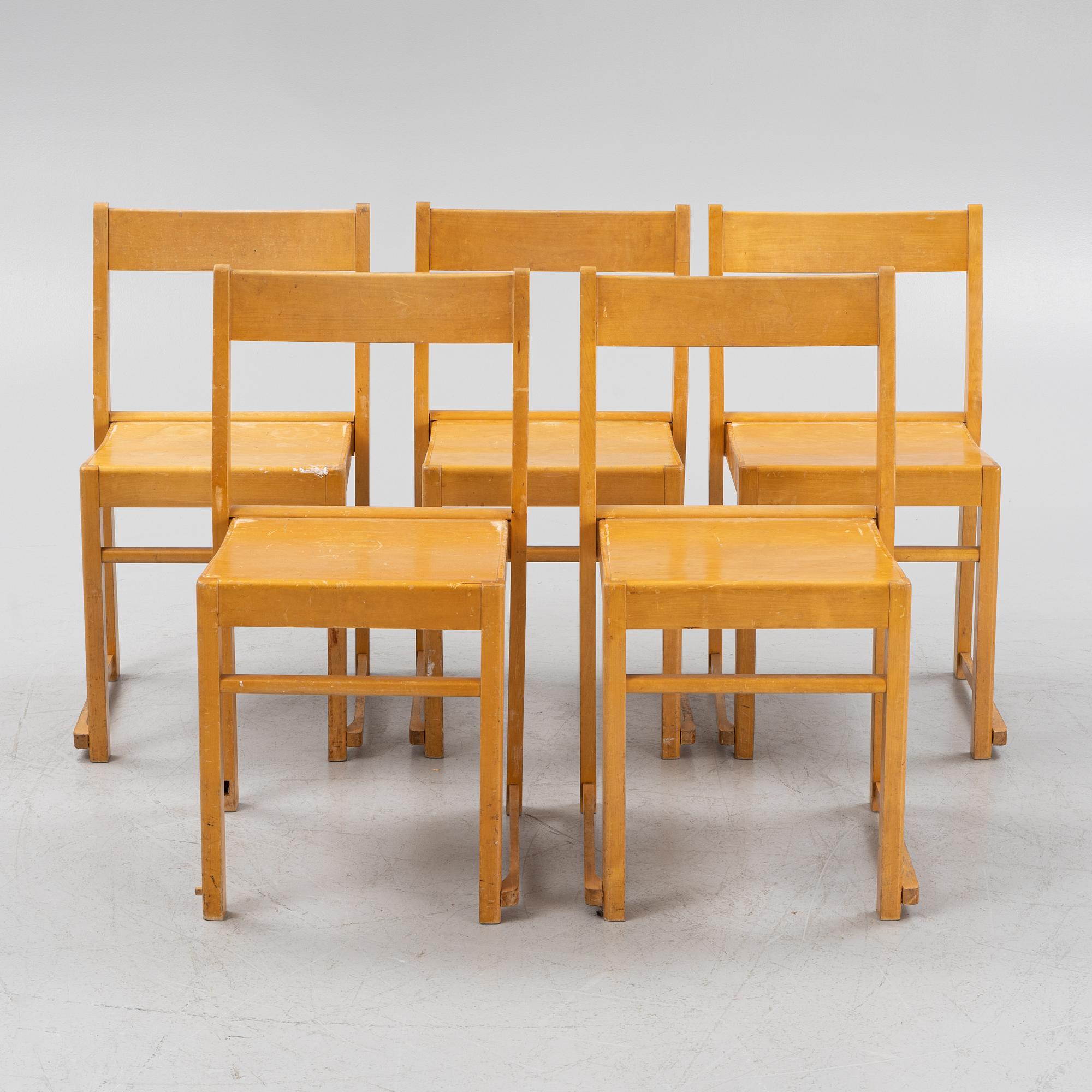 Sven Markelius, a set of five 'Orkesterstolenä chairs, mid 20th century.