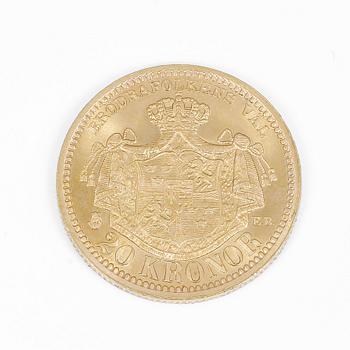 GULDMYNT, troligen omkring 20 karat. Oscar II, 20 kr. Vikt ca 8,9 gram.