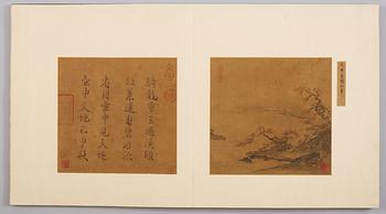 ALBUM, med 12 MÅLNINGAR/FRAGMENT samt 3 KALLIGRAFIER. "Song hua ji jin ce", Qing dynastin, troligen 16/1700-tal.