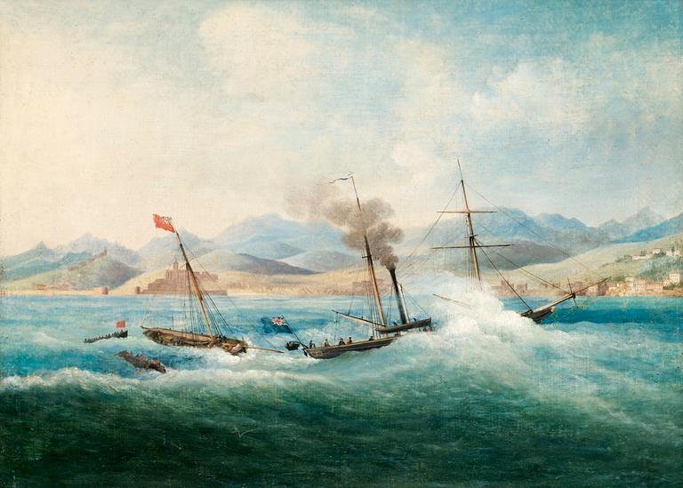 Skepp i hårt väder vid sydländsk kust.