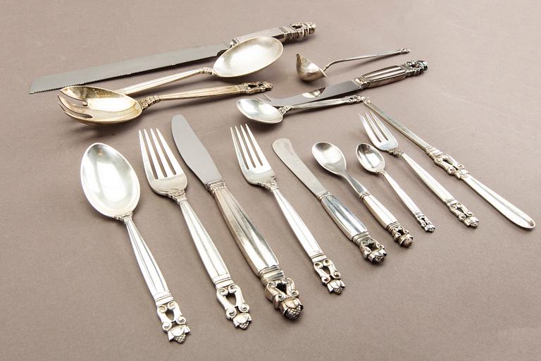 Johan Rohde, a set of 79 pcs of "Konge/Acorn" sterling silver flatware, maker's mark Georg Jensen, Copenhagen post 1945.