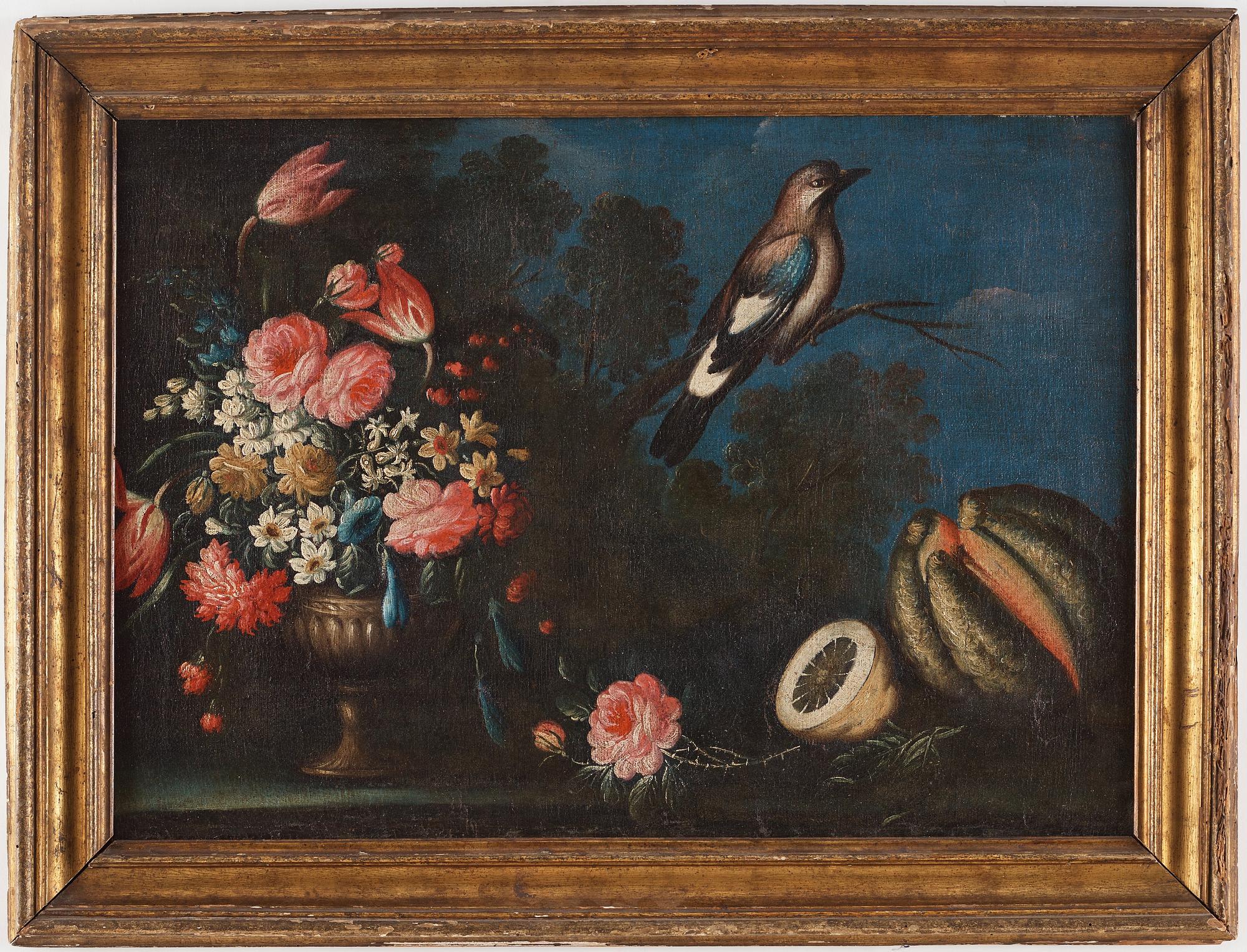 ITALIAN ARTIST 18TH CENTURY, Still life with fruits, flowers and a bird.