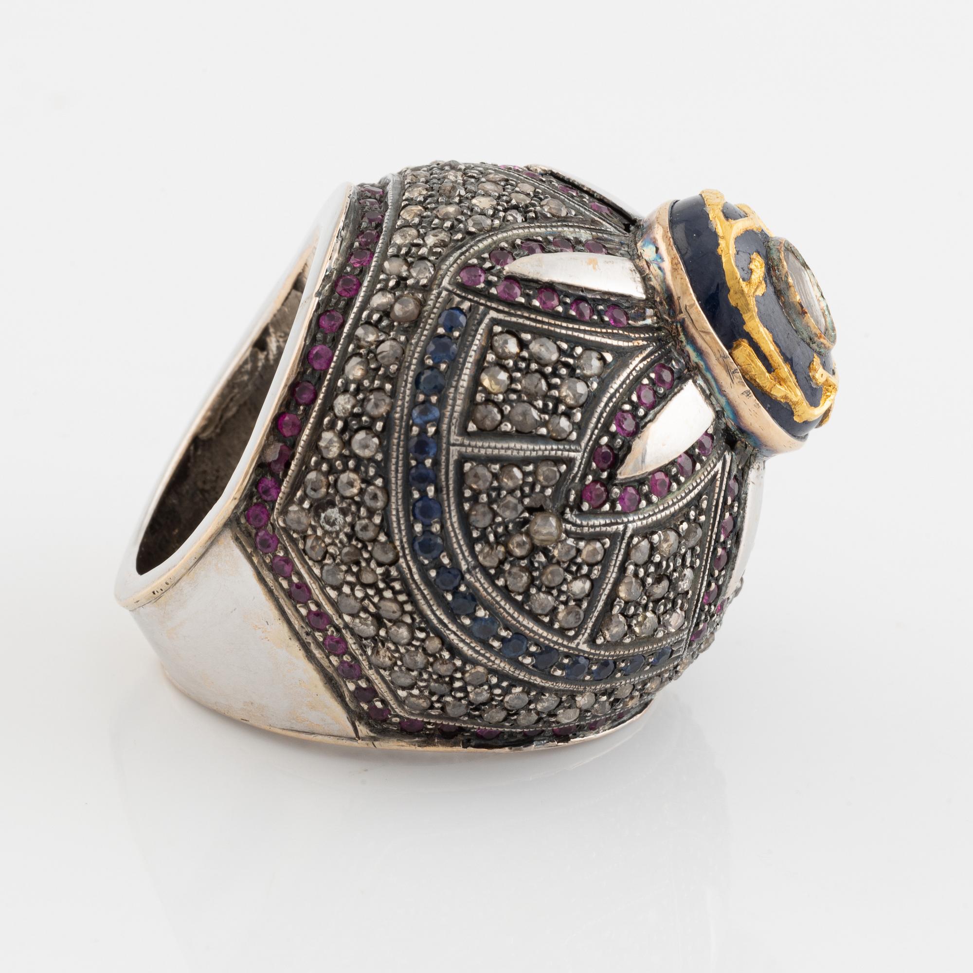 Flat cut diamond, rose cut diamonds, sapphire and ruby ring.
