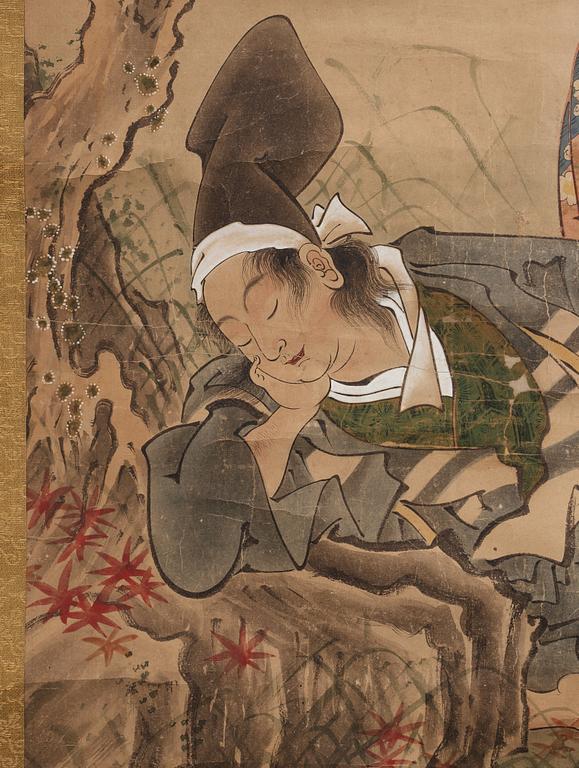 RULLMÅLNING, tusch och färg på papper. Oidentifierad konstnär, Japan, 1800-tal. Två senare sigill i rött.