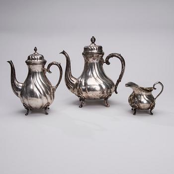 KAFFESERVIS, 3 delar, silver, nyrokoko, Tyskland 1800-talets slut. Vikt 1520 g.