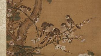 A Song style hanging scroll with birds, by an unidentified artist signed Wu Zhu, late Qing dynasty (1644-1912).