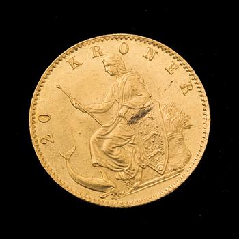 GULDMYNT, 20 kroner, Christian IX, Danmark, 1873. Vikt ca 9 gram.