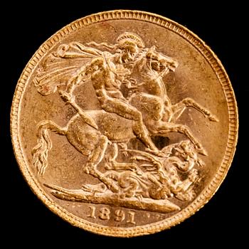 GULDMYNT, sovereign, Victoria, 1891. Vikt ca 8 g.