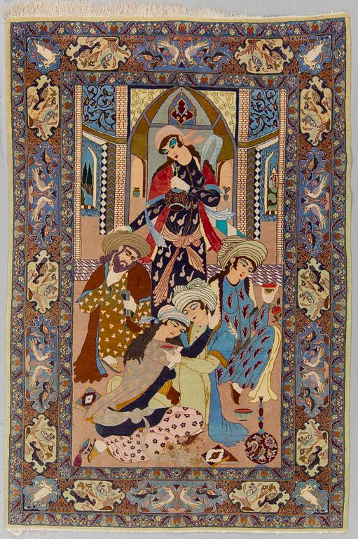 MATTA, Old figural Isfahan, part silk ca 160 x 101 cm.