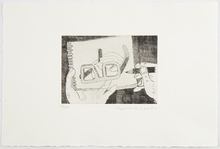 Axel Olson, mapp med tre torrnålsetsningar, 1984, signerade 9/100.