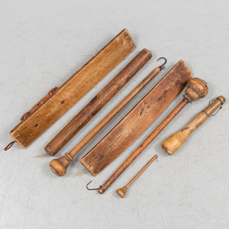 wooden tools for flax preparation and scale bessmans, 7 pieces, Sweden 18th-/19th century.