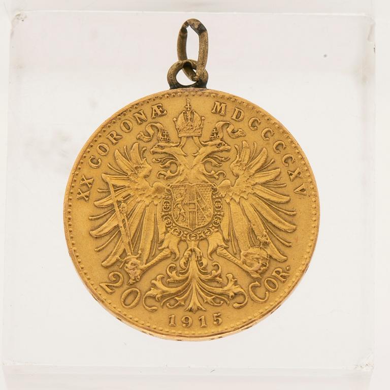 Gold coin, 21.6 carat, 20 Corona, Austria-Hungary, 1915.