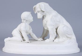 FIGURINGRUPP, parian, Gustafsberg. Märkt 'KAN DU INTE EALA?"'.