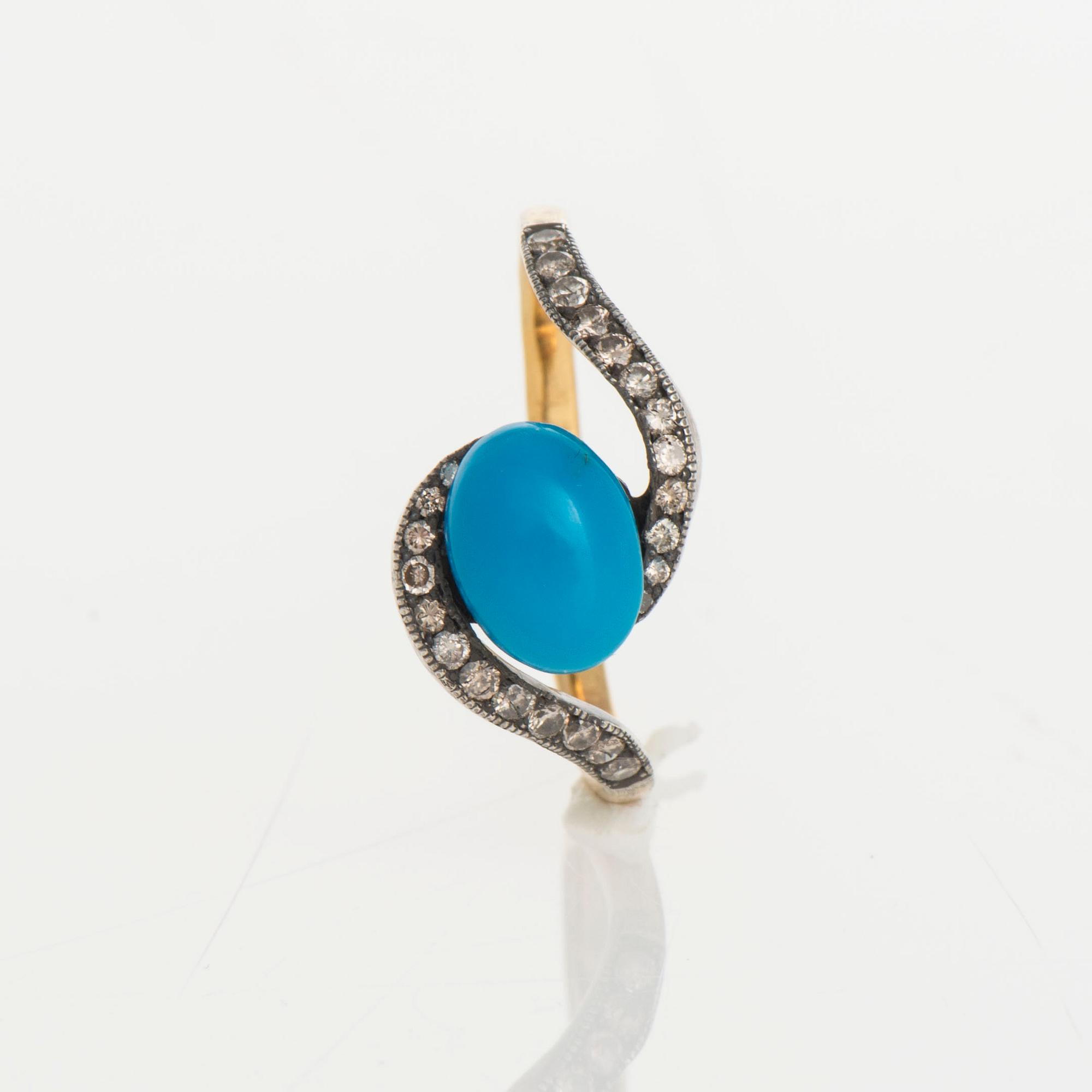 RING, guld (56), turkos, ca 2,0 ct, små diamanter totalt ca 0,50 ct. Ryska stämplar. Vikt ca 3,0 g.