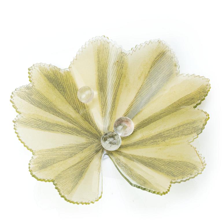 Ulla Forsell, a glass sculpture of a leaf with with three glass drops, ca 2013, ed. 122/150.