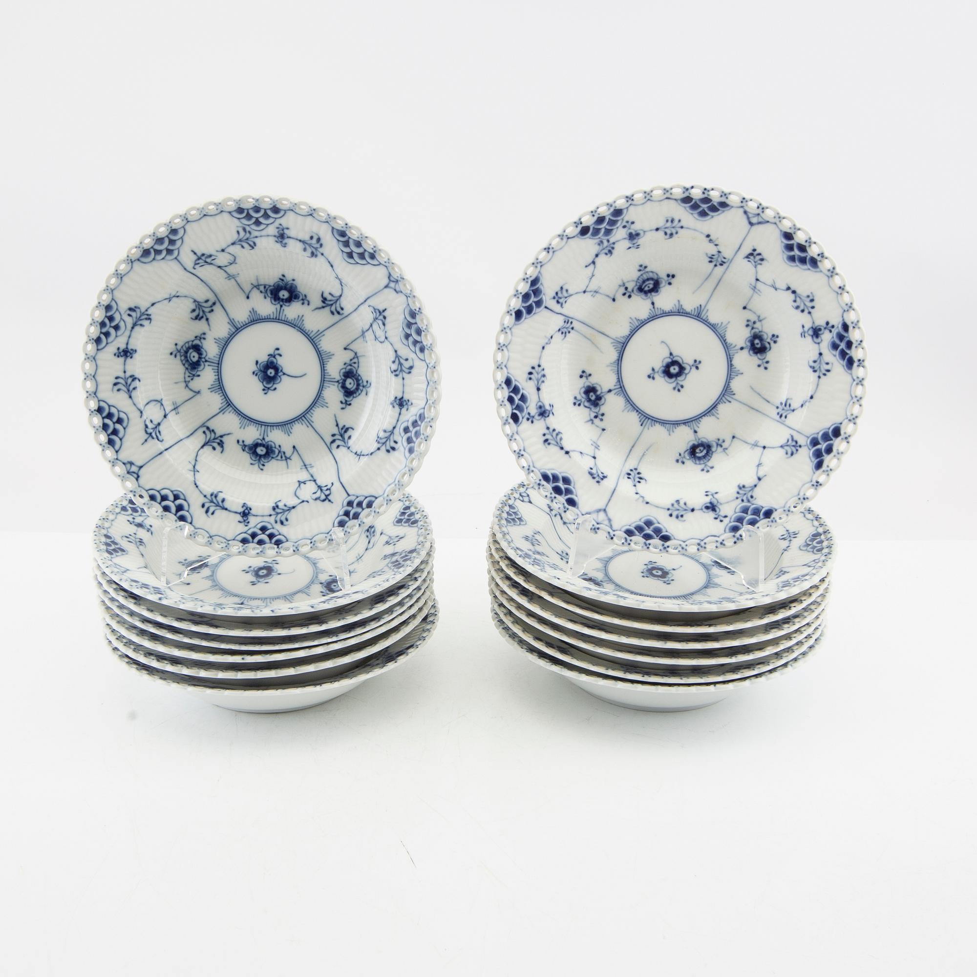 Deep plates 14 pcs Musselmalet Full Lace Royal Copenhagen Denmark porcelain.