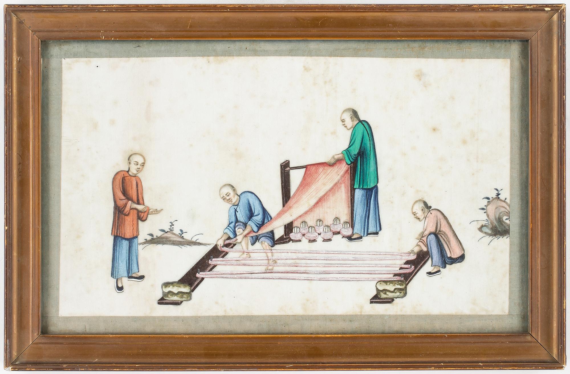 GOUACHER, på rispapper, 3st, Qing, Kina.