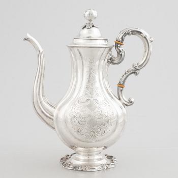 A Swedish Silver Rococo-Revival Coffee Pot, mark of Christian Hammer, Stockholm 1852.