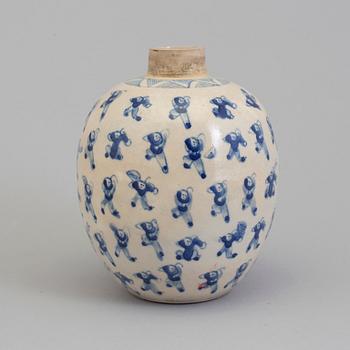 A blue and white porcelain jar, circa 1900.