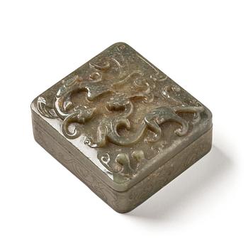 1235. A well carved green stone box with cover, China, 20th century.