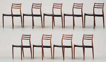 A Niels Ole Møller palisander dining table and nine chairs, J.L. Møller, Denmark 1950's-60's.