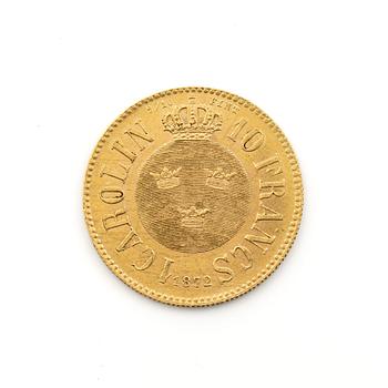 Guldmynt, 1 Carolin 10 Francs, Karl XV, Sverige, 1872.