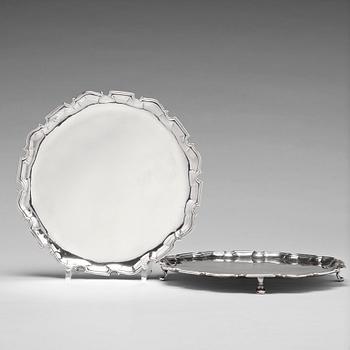 A pair of Scottish 18th century silver salver, mark of James Ker, Edinburgh 1739-1740.