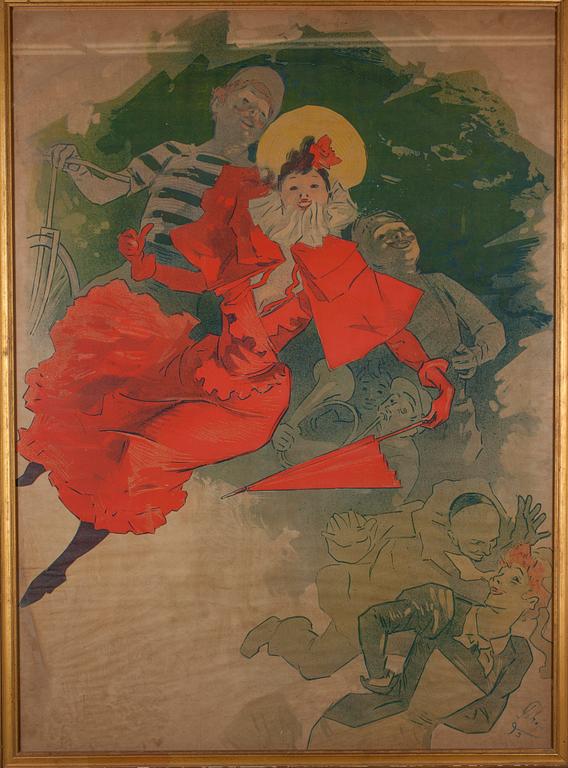 JULES CHÉRET, efter, litografisk affisch, uppfodrad på skiva, signerad J Chéret och daterad 93 i trycket.