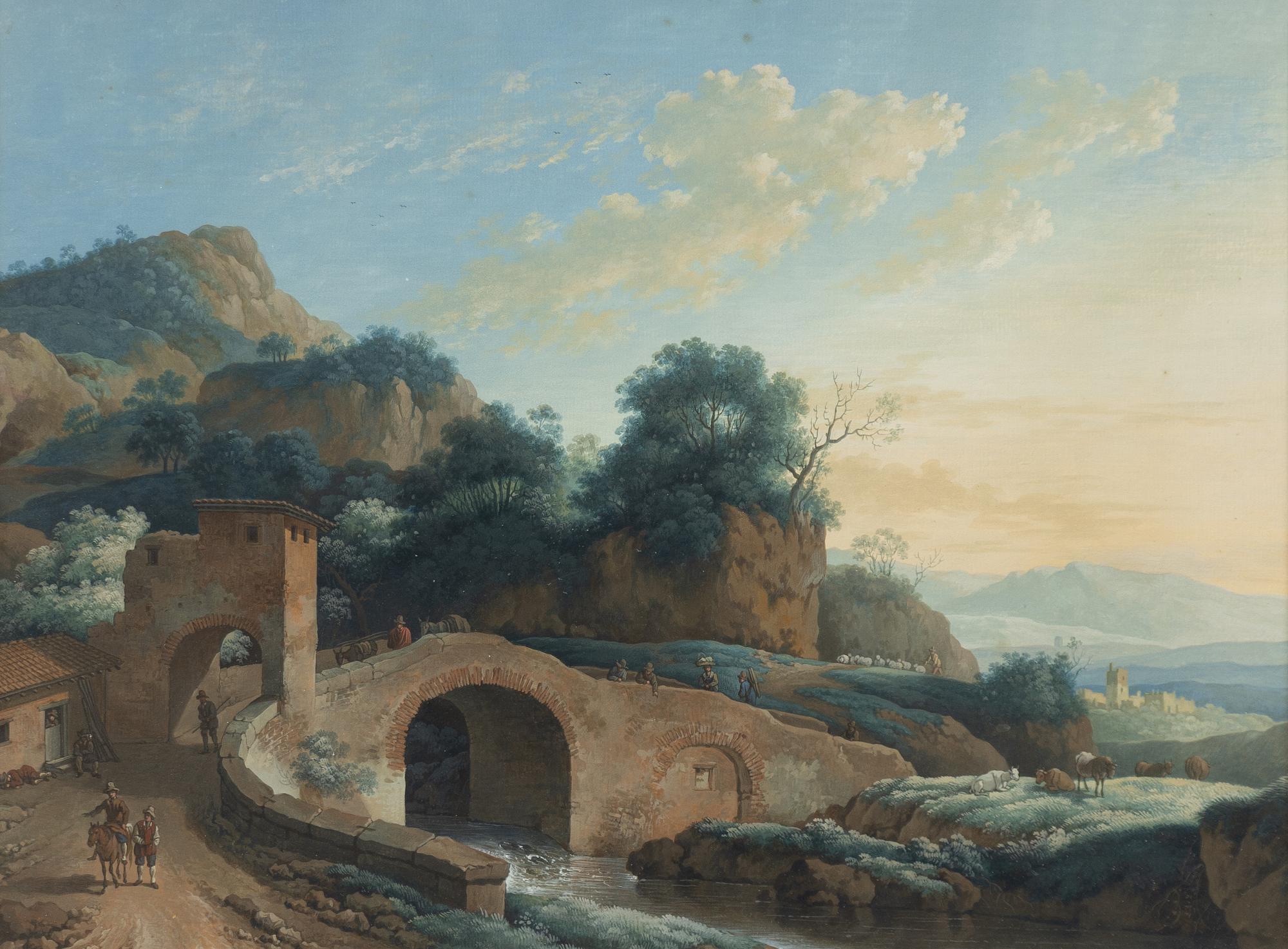 Jacob Philipp Hackert, tillskriven, A mountain landscape with a bridge over a river in the foreground.