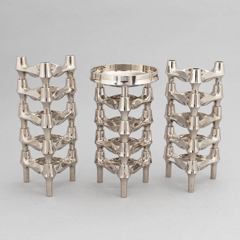 Caesar Stoffic & Fritz Nagel, ljusstakar, 14 st, samt skål, vitmetall, 1900-talets andra hälft.