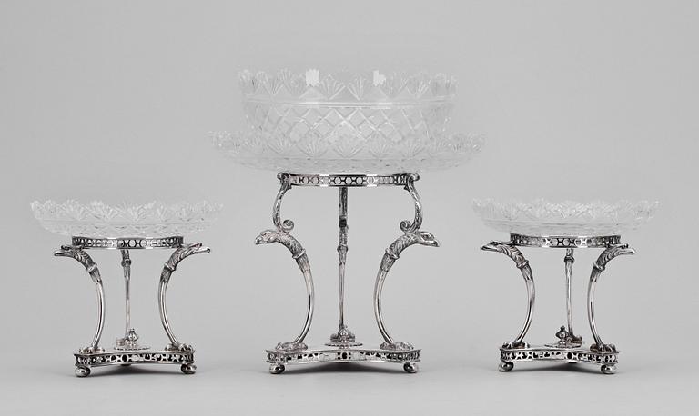 UPPSATSSKÅLAR, 3 (2+1) st, glas samt nysilver, AG Dufva, 1800/1900-tal.