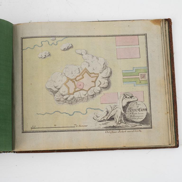 Album från 1746 med 22 akvareller över fästningar, gåva av Gabriel Cronstedt till tronföljaren Adolf Fredrik.