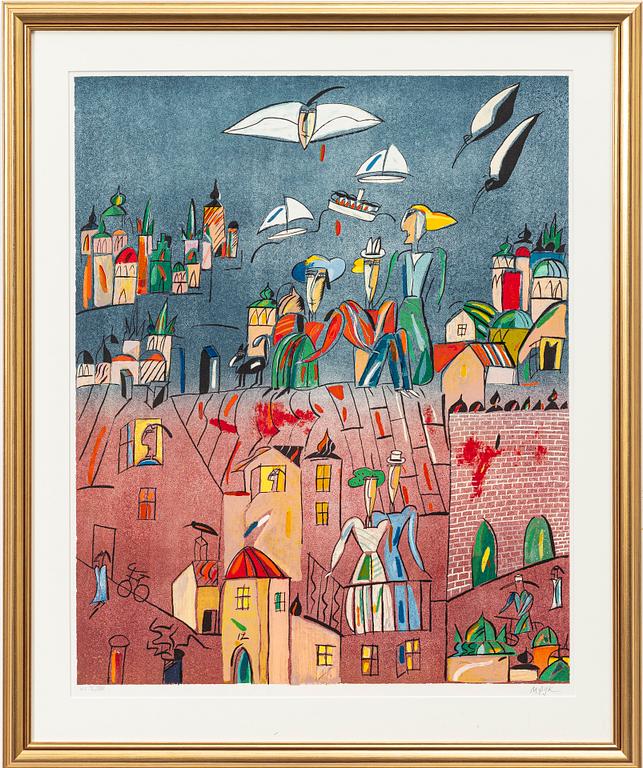 Madeleine Pyk, Cityscape with figures and animals.