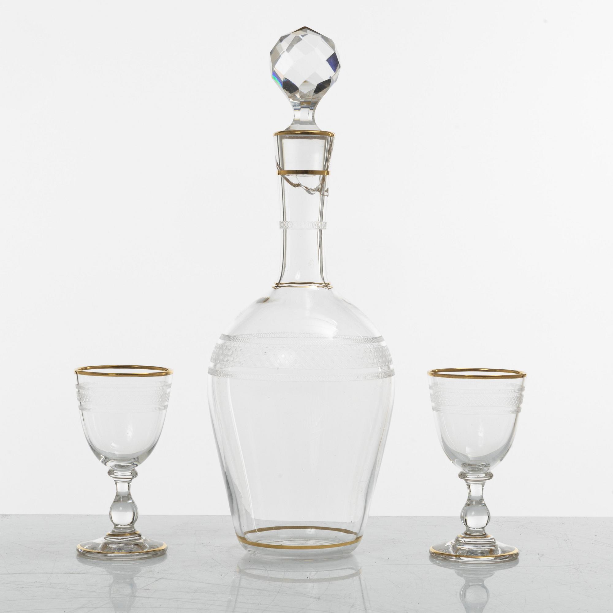 Liqueur set, glass and brass, first half of the 20th century.