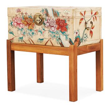 A hand painted casket on a walnut stand attributed to Estrid Ericson, Svenskt Tenn, Sweden 1950's.