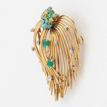 An 18K gold brooch set with turquoises, old-cut diamonds and green quartz.