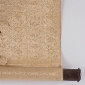 Rullmålning, färg och tusch på siden lagd på papper. Qing dynastin, troligen 1700-tal.