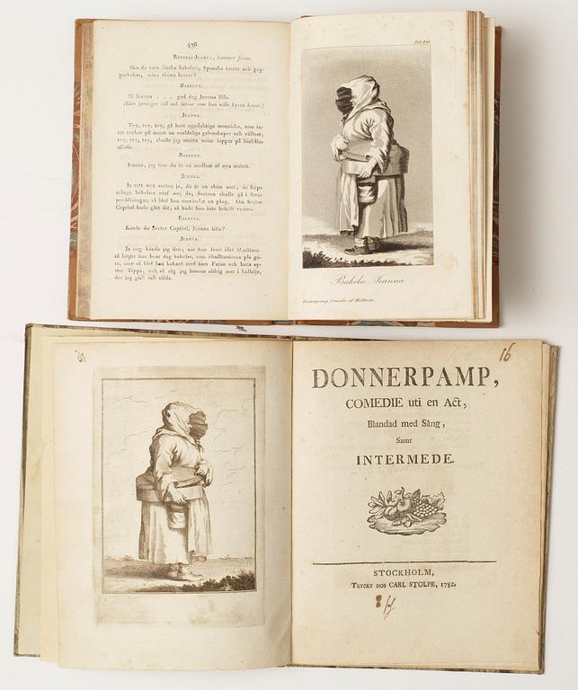 BÖCKER, 2 vol, CJ. Hallmans Skrifter, Stockholm 1820 resp "Donnerpamp... samt Intermede" av CJ Hallman, Stockholm 1782.