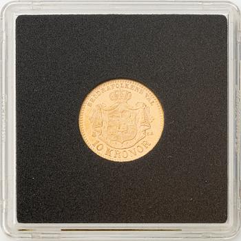 Gold coin, Oscar II, 10 kronor, type II, Sweden 1895.