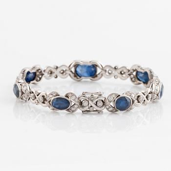 Sapphire and round brilliant cut diamond bracelet, ring and earrings.